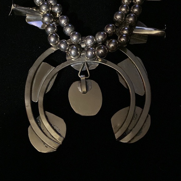 Native American Indian Squash Blossom Necklace measuring 32” long x 3 1/4” wide. - Picture 7 of 9